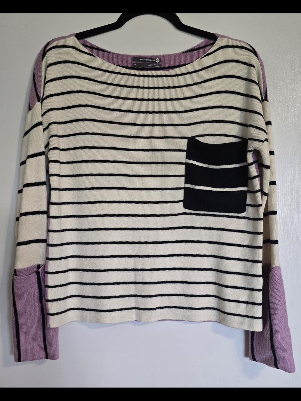Anthropologie Maeve Womens XS Striped Knit Sweater Purple Black Cream Pocket
